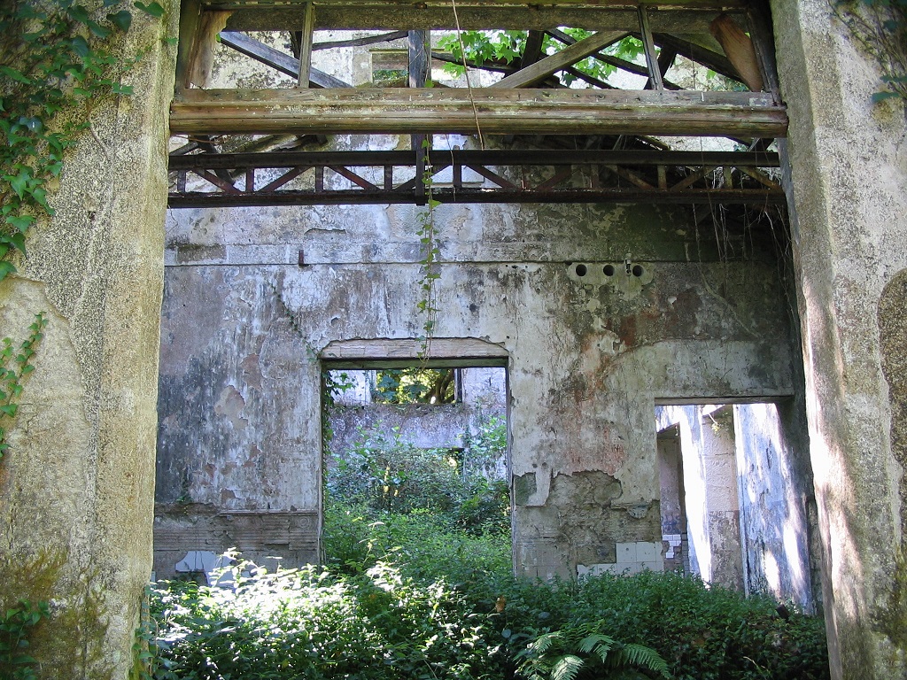 Die Ruine eines Gebäudes in Galizien, Spanien, wird von Vegetation zurückerobert. An der Ruine führt ein Wanderweg dran vorbei